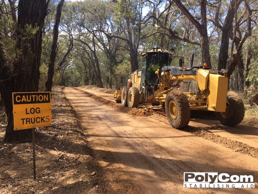 Forestry and harvesting roads can be treated with PolyCom to reduce material costs and make a Longer lasting water resistant road.