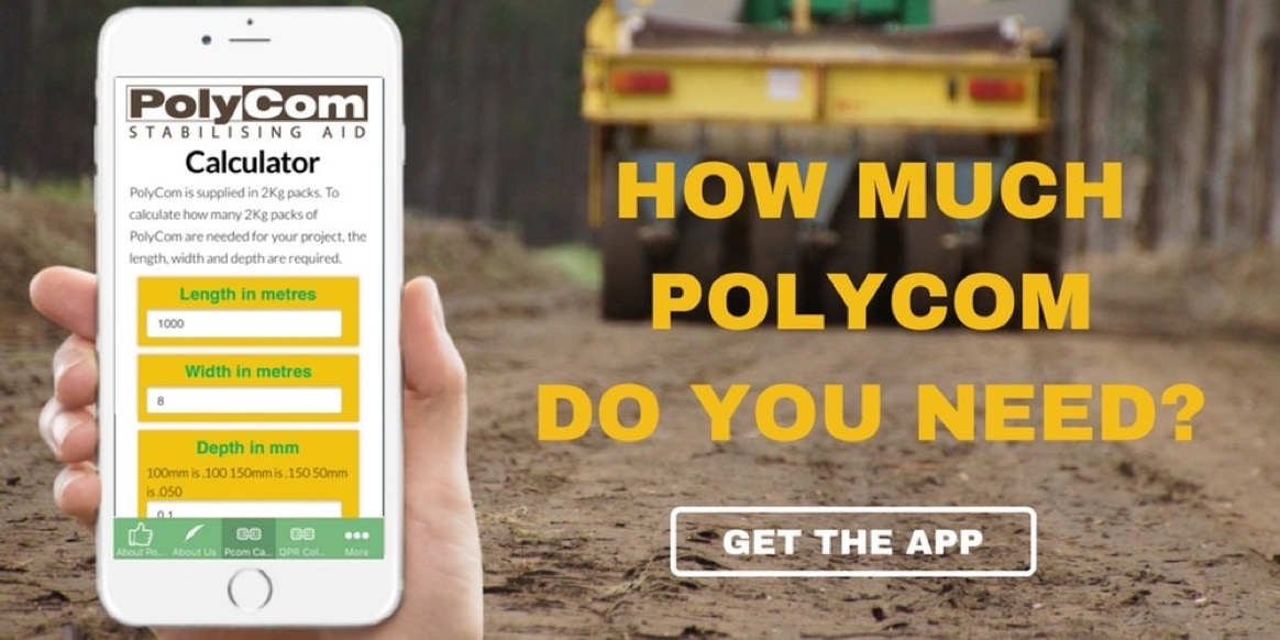 PolyCom Soil stabiliser Phone Calculator App for road workers, works engineers, road crew, works supervisors, engineering managers, road project managers, road mantenance, infrastructure projects.