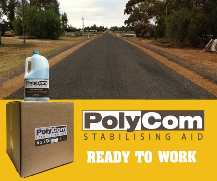 PolyCom Pavement Stabiliser is ready to work on old new and damaged roads. Versatile and simple to use. Safe Alternative to Cement and lime stabilisation.