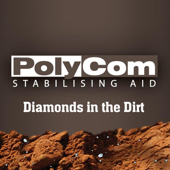 PolyCom Stabilising Aid diamonds in the dirt. Earthco Projects road stabiliser. Best Seller.